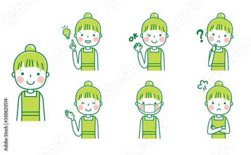 エプロンの女性上半身（グリーン系）　表情ポーズセット　イラスト