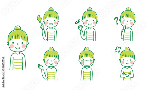 お団子の女性上半身（グリーン系）　表情ポーズセット　イラスト