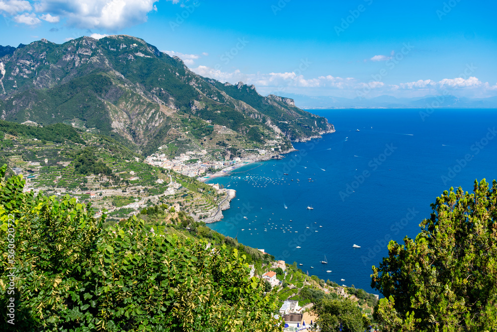 Italy, Campania, Ravello - 15 August 2019 - View of the Amalfi coast from the terrace of Villa Cimbrone