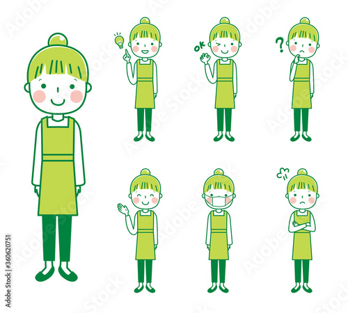 エプロン姿の女性全身（グリーン系）　表情ポーズセット　イラスト