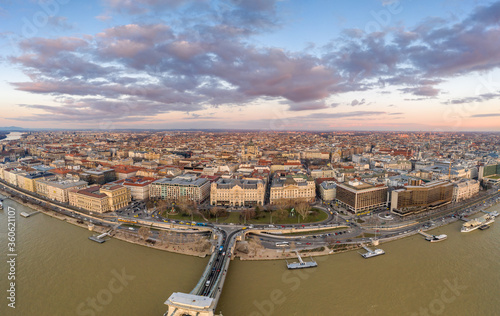 Aerial drone shot of chain bridge St. Stephen Basilica by danube river in Budapest sunset
