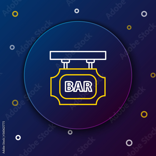 Line Street signboard with inscription Bar icon isolated on blue background. Suitable for advertisements bar, cafe, pub, restaurant. Colorful outline concept. Vector.