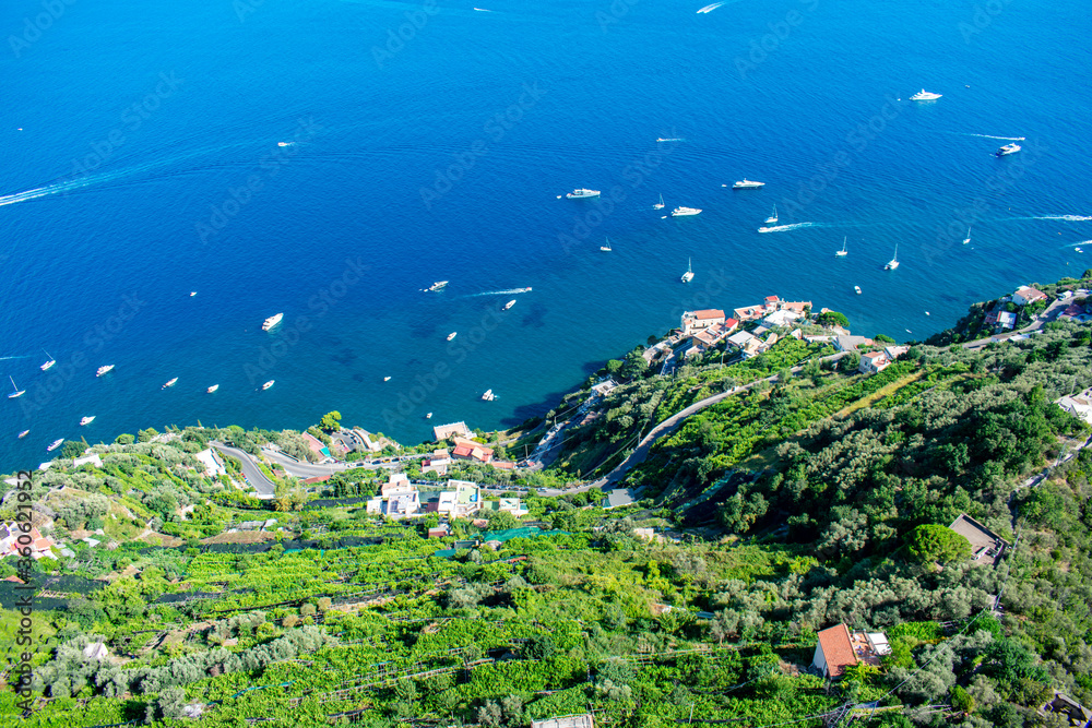 Italy, Campania, Ravello - 15 August 2019 - View of the steep Amalfi coast from Ravell