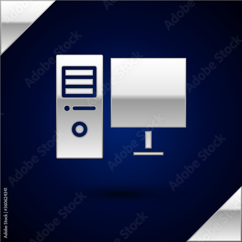Silver Computer monitor icon isolated on dark blue background. PC component sign. Vector Illustration.