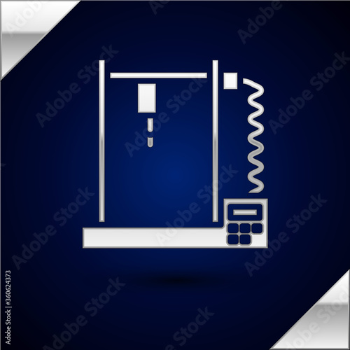 Silver 3D printer icon isolated on dark blue background. Vector Illustration.