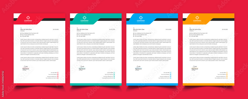 Creative professional corporate modern business style letterhead templates Simple design in minimalist style vector design illustration. color red green blue yellow 