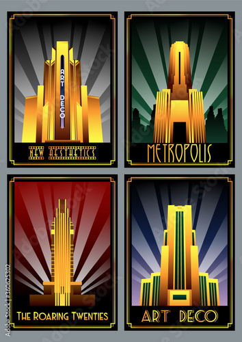 1920s Art Deco Buildings, Skyscraper and Rays Retro Posters, Art Deco Frames