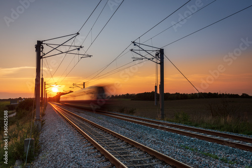A local commuter train at sunset outside Copenhagen