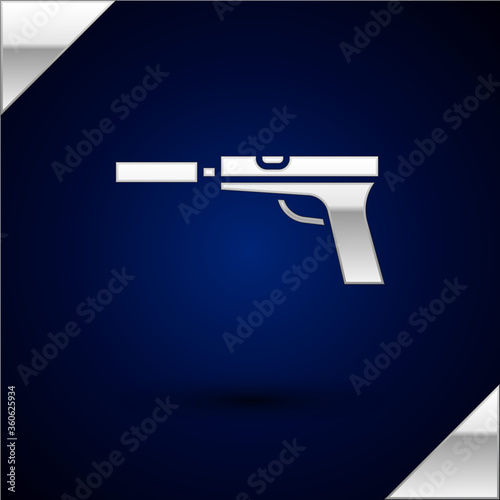 Silver Pistol or gun with silencer icon isolated on dark blue background. Vector Illustration.
