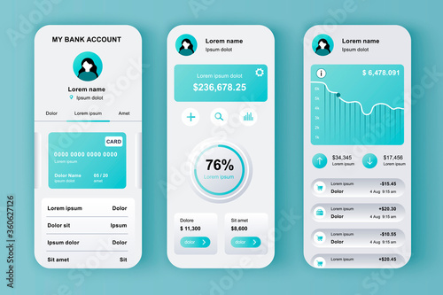 Online banking unique neomorphic design kit for app. Mobile wallet screens with financial analytics and money balance. Financial management UI, UX template set. GUI for responsive mobile application.