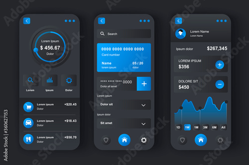 Online banking unique neomorphic design kit. Financial management app, transfer funds, pay bills, deposit checks. Financial invest and manage UI, UX template set. GUI for responsive mobile application