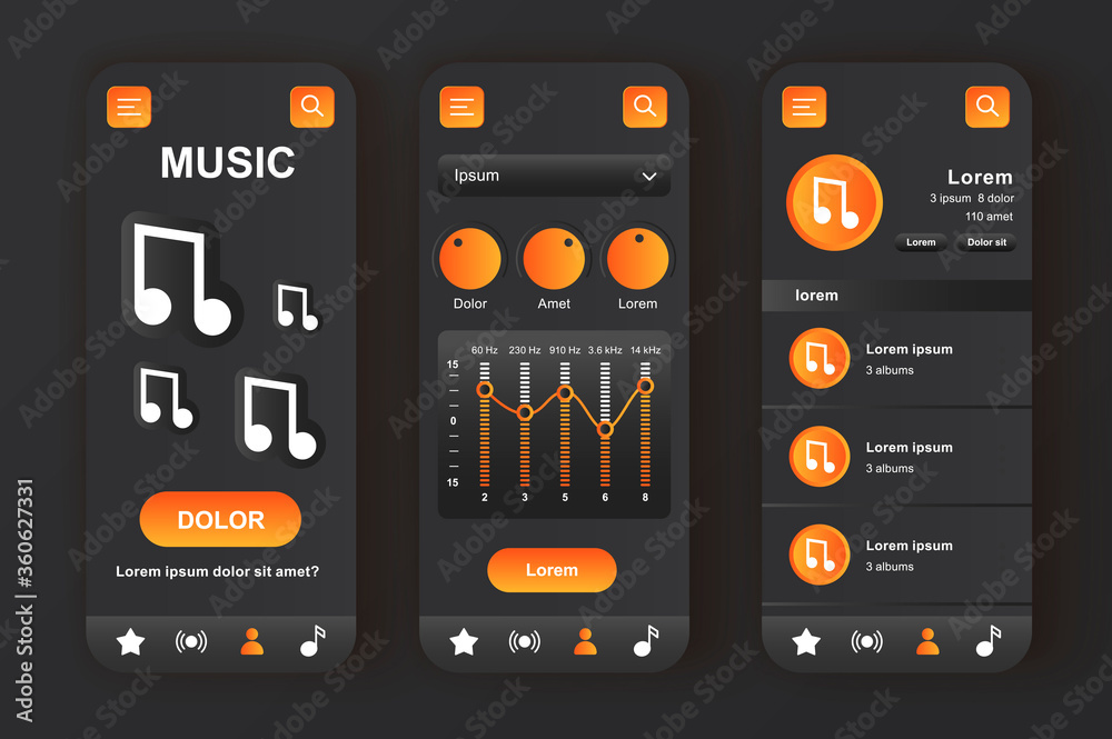 Music player unique neomorphic black design kit. Audio app with equalizer settings, compositions playlist and search bar. Music listening UI, UX template set. GUI for responsive mobile application.