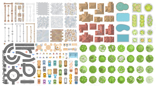 Set of landscape elements. Houses, architectural elements, plants. Top view. Road, cars, people, houses, trees, fence, tile. View from above. 