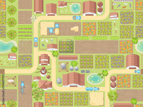 Seamless pattern. Farm view from above. Fields, houses, buildings, roads, trees, bushes, river. (Top view) 