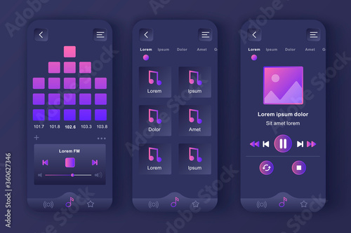 Music player unique neomorphic dark design kit. Audio app with graphic equalizer, playlist navigation and FM radio screens. Music listening UI, UX template set. GUI for responsive mobile application.