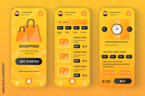 Shopping solution unique yellow neomorphic design kit. Shopping app for online auction with photo, description and price. Internet store UI, UX template set. GUI for responsive mobile application.