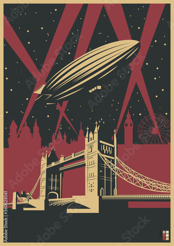 London Poster Retro Style, Tower Bridge, Dirigible, London City Silhouette Background, Night Scene, Rays of Light