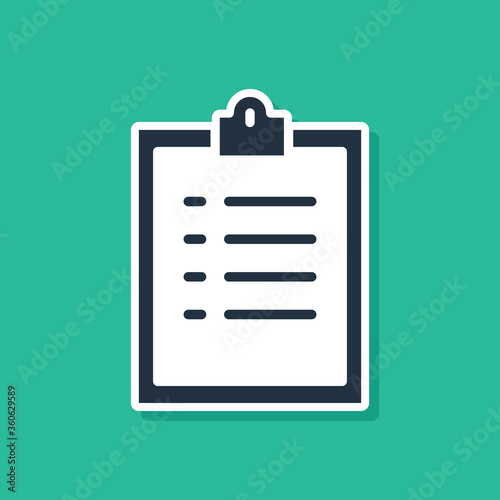 Blue Clipboard with checklist icon isolated on green background. Control list symbol. Survey poll or questionnaire feedback form. Vector Illustration.