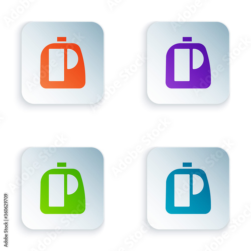 Color Plastic bottles for laundry detergent, bleach, dishwashing liquid or another cleaning agent icon isolated on white background. Set colorful icons in square buttons. Vector Illustration.