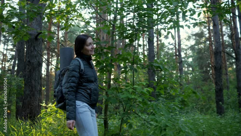 woman with a backpack walks through the coniferous forest against the backdrop of the setting sun. woman with a backpack walks through the coniferous forest against the backdrop of the setting sun.
