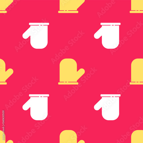 Yellow Oven glove icon isolated seamless pattern on red background. Kitchen potholder sign. Cooking glove. Vector.