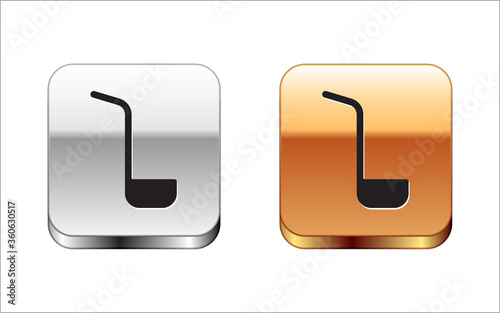 Black Kitchen ladle icon isolated on white background. Cooking utensil. Cutlery spoon sign. Silver-gold square button. Vector.