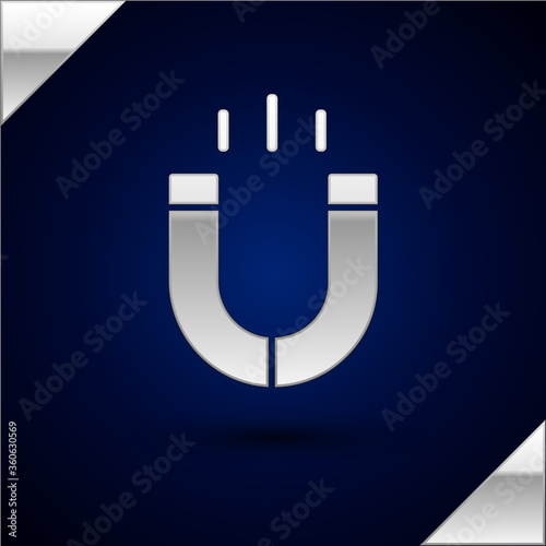 Silver Magnet icon isolated on dark blue background. Horseshoe magnet, magnetism, magnetize, attraction. Vector.