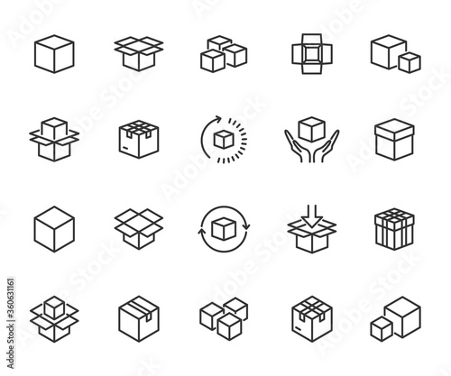 Vector set of box line icons. Contains icons packaging, product, open box, parcel, product loading, delivery time, product return and more. Pixel perfect.