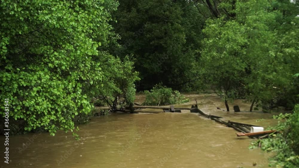 Natural disaster . Dirty water. After heavy rain. Cataclysm.Flooding .Fast flowing raging river. Soil and mud is moving towards down. After strong rain. Natural disaster . Dirty water. After heavy rain. Cataclysm.Flooding .Fast flowing raging river. Soil and mud is moving towards down. After strong rain.