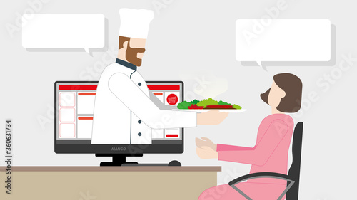 Fast delivery concept. Chef serving his food through the computer screen. Online meal ordering from home.