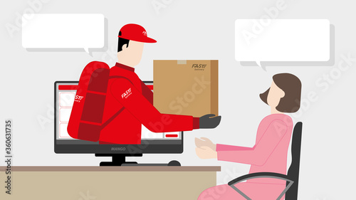 Fast delivery concept. Delivery man and parcel box get through the computer screen for online shopping from home.