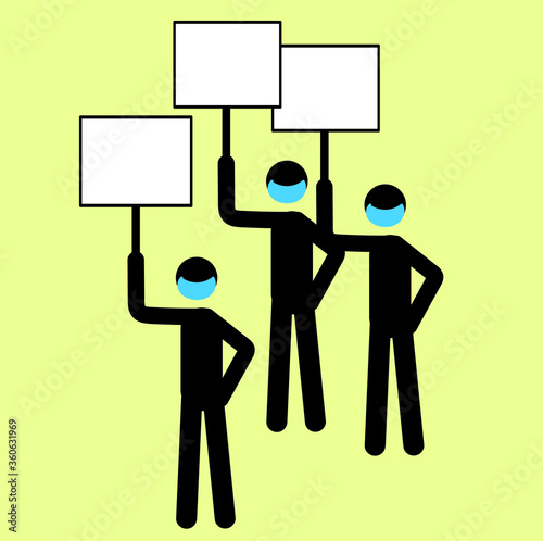 Stick man in an anti-virus medical mask with a poster in his hands, icons of people. Protest action, rally, picket, speech.