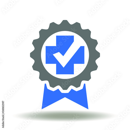 Award or stamp with medical cross check mark icon vector. Health Quality Standard Assurance Logo.