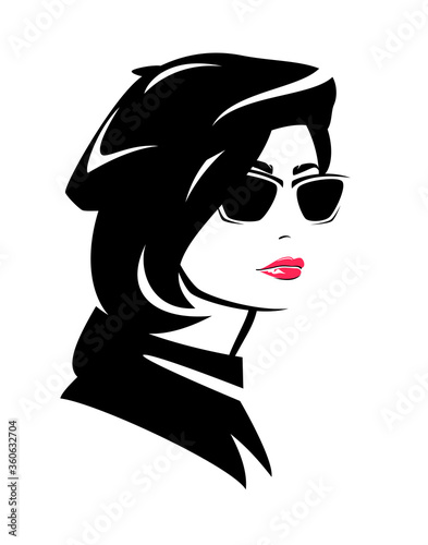 beautiful stylish woman wearing french beret cap and sunglasses - fashion vector portrait