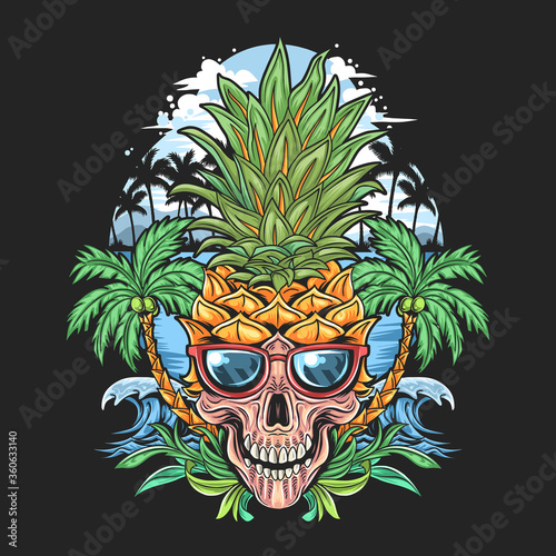 SKULL PINEAPPLE HEAD WITH GLASSES AND COCONUT TREE IN THE BEACH ARTWORK VECTOR