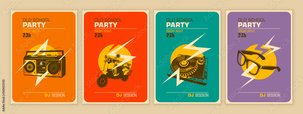 Naklejka premium Set of party posters in retro style. Vector illustration.