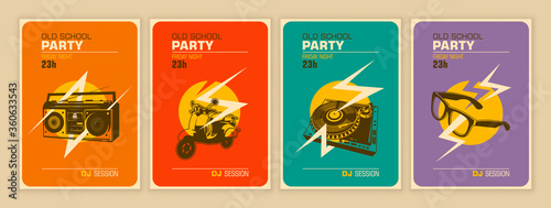Set of party posters in retro style. Vector illustration.