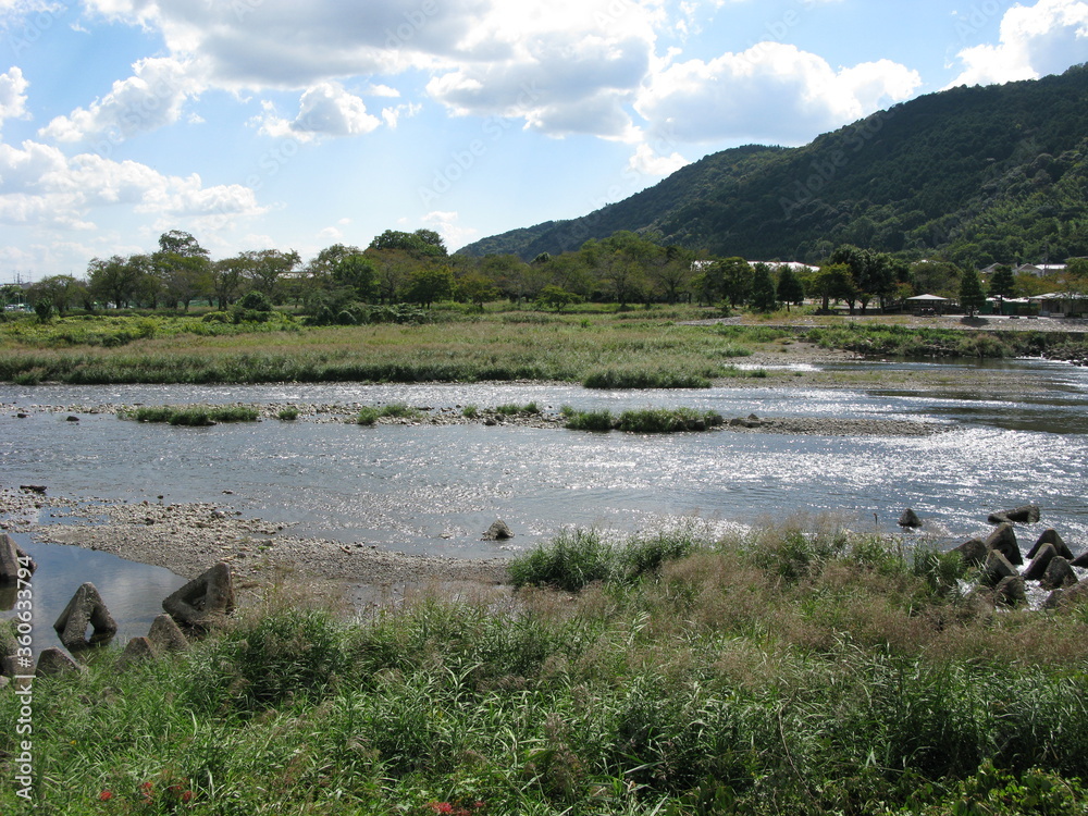 Hozu River in Arashiyama and little dam.
