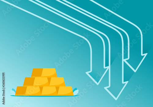 Gold Price Value Stock Market Demand Decrease Drop Fall Down Statistic Report with Graph Chart Diagram Illustration Vector. Precious Metal Commodity. Can be Used for Web, Infographic & Print