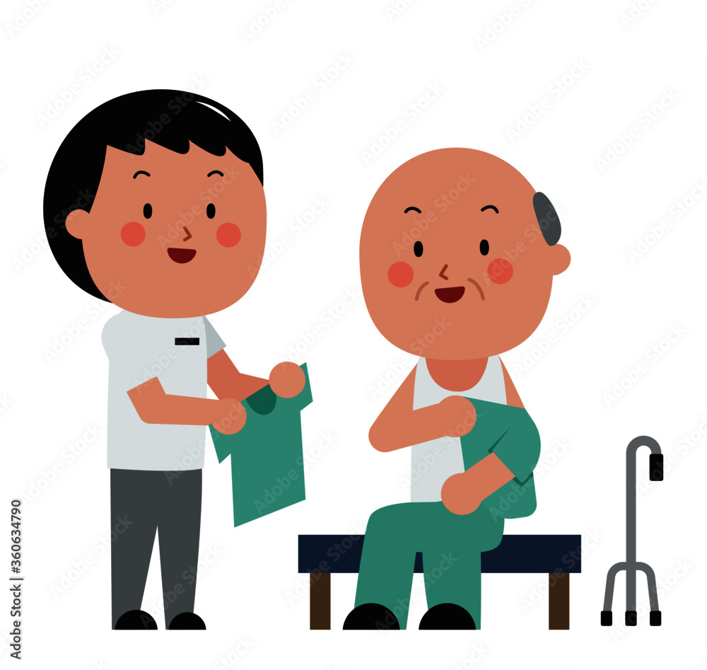 occupational therapist help old man wear a shirt cartoon character design