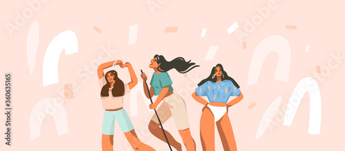 Hand drawn vector abstract stock graphic illustration with young smiling happy females group have everyday positive routine at home isolated on white confetti background