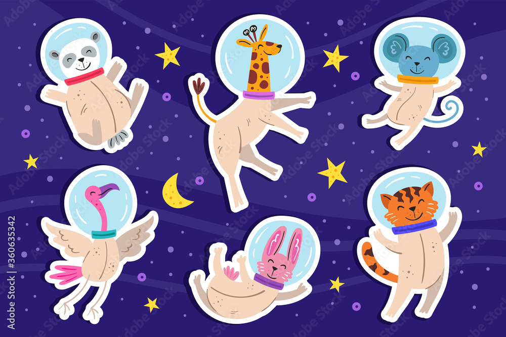 Naklejka premium Big cosmos vector flat illustration, set of elements, stickers, icons. Isolated on background. Animals in outer space. Astronaut suit. Giraffe, rabbit, mouse, tiger, flamingo, panda. Galaxy, science.