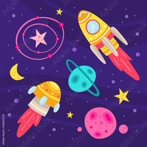 Space vector flat illustration  set of elements  stickers  icons. Isolated on background. Rocket  alien spaceship  planet  star  moon  constellation  space probe  galaxy  science. Futuristic. Card.