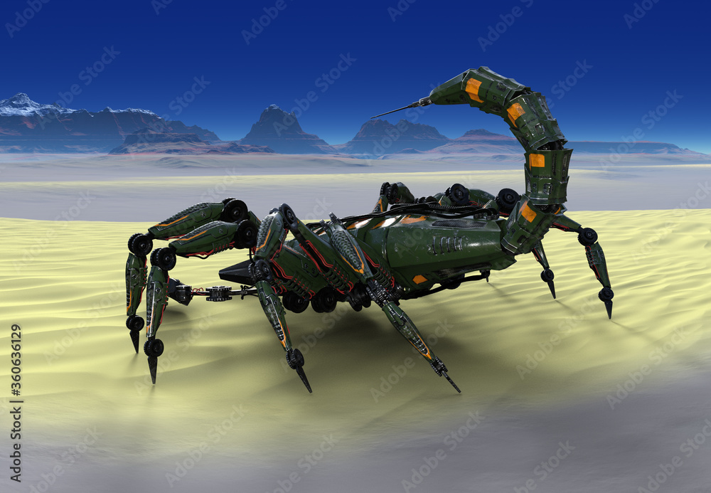 Fototapeta premium 3D Rendered Futuristic Mechanical Robot Scorpion Walking on Fantasy Landscape - 3D Illustration