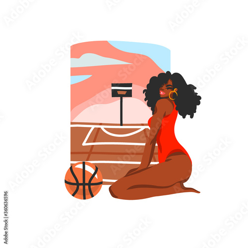 Hand drawn vector flat stock graphic illustration with young happy black afro american beauty female in swimsuit sitting on the street beach basketball court scene, isolated on white background