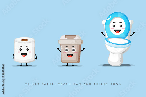 Cute happy toilet paper, trash can and toilet bowl