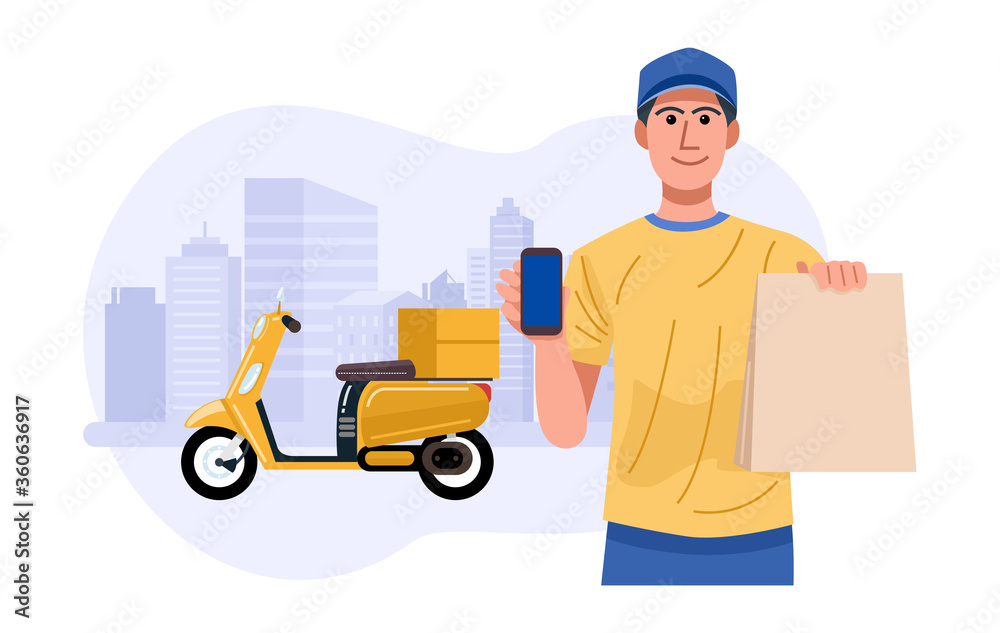 Delivery man with smartphone holding paper bag. Vector Delivery man with smartphone holding paper bag. Vector
