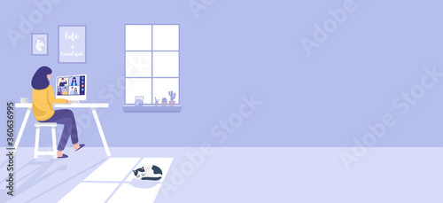 Video conferencing at home, Woman having video call meeting with clients at home. Vector