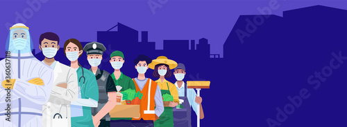 Thank You Frontline Workers Concept. Various occupations people wearing face masks. Vector