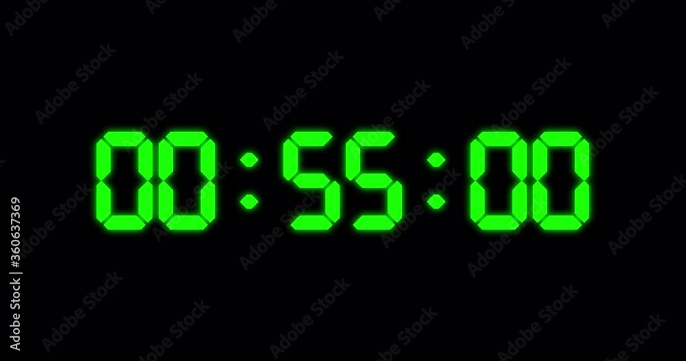 One minute countdown timer of glowing led green digits on black background One minute countdown timer of glowing led green digits on black background